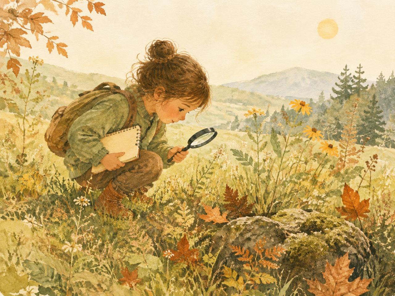 A child exploring a meadow with a magnifying glass
